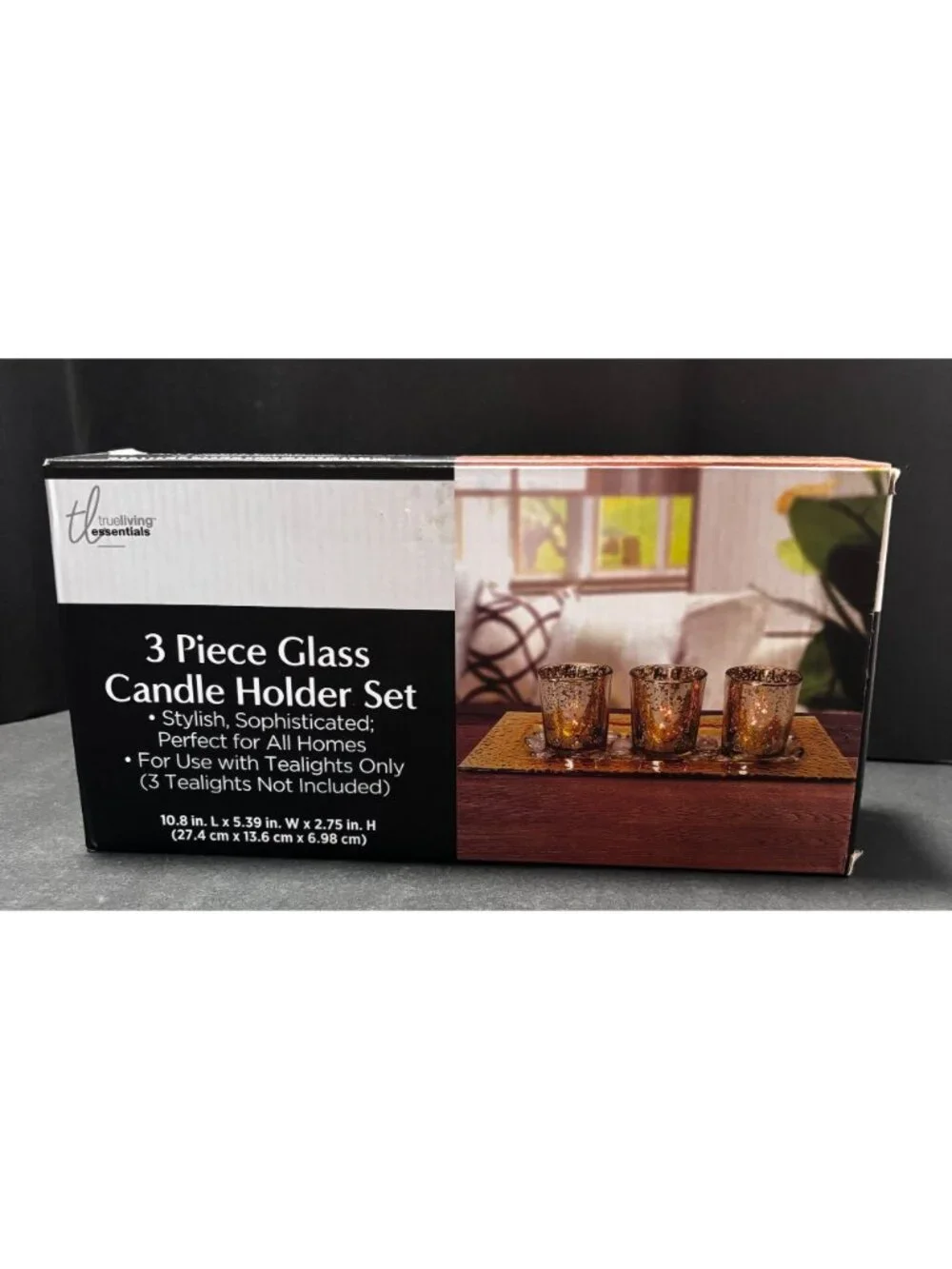 3 Piece Gold Color Glass Tealight Candle Holder Set On Rectangular Tray Stones